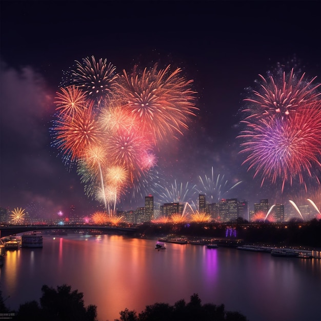 Foto de fogos de artifício coloridos à noite vista da cidade fundo para celebração de feriado