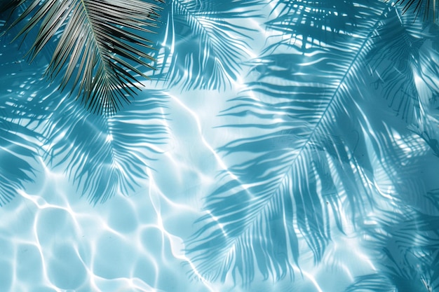 Foto de folhas de palmeira de cima que lançam uma sombra sobre a água do mar limpa e transparente Verão