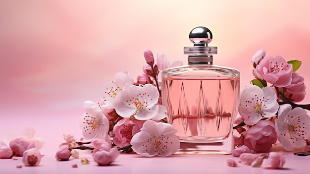 foto de frasco de perfumes na parede rosa com flores geradas por IA