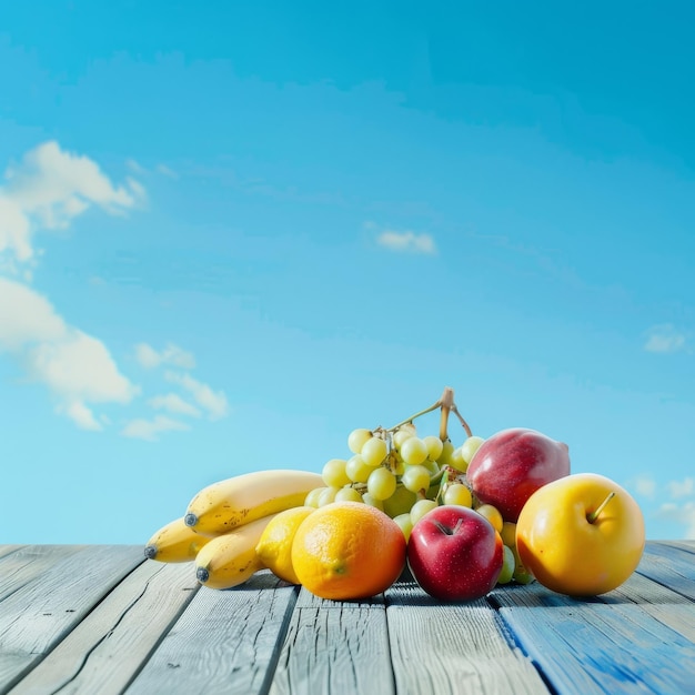 Foto de Frutas em um chão de madeira com um fundo de céu brilhante