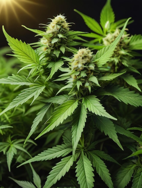 Foto de fundo da cannabis As folhas da maconha em arbustos de cânhamo medicinal