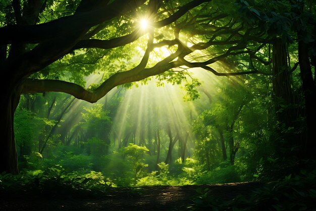 Foto de fundo da natureza com uma floresta densa e sol