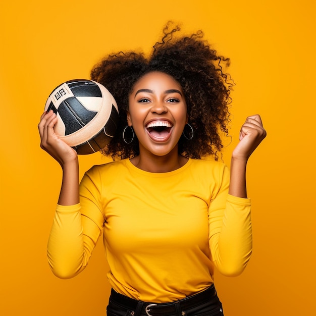 foto de garota negra animada segurando uma bola