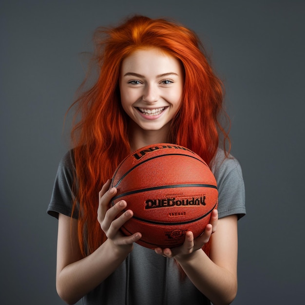 foto de garota ruiva animada segurando uma bola de basquete