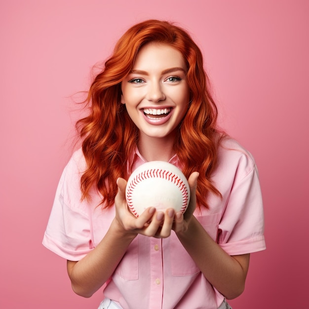 foto de garota ruiva animada segurando uma bola de beisebol