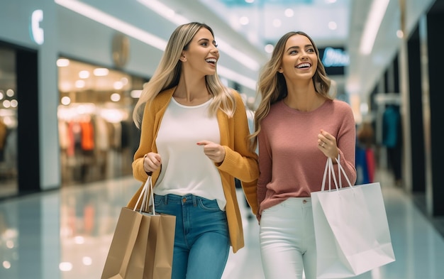 Foto de garotas de compras felizes e animadas com sacolas coloridas
