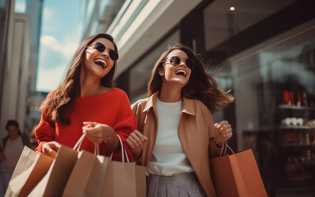 Foto de garotas de compras felizes e animadas com sacolas coloridas