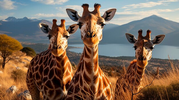 foto de girafa em ambiente de selva sob um céu azul