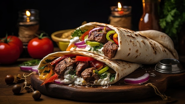 Foto de giroscópios gregos envoltos em pão pita com legumes e molho em um fundo escuro de madeira gerado por IA