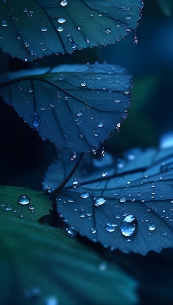 Foto de gotas de água nas folhas azuis