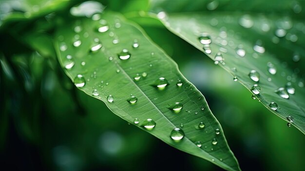 Foto de gotas de chuva em lindas folhas com fundo desfocado gerado por IA