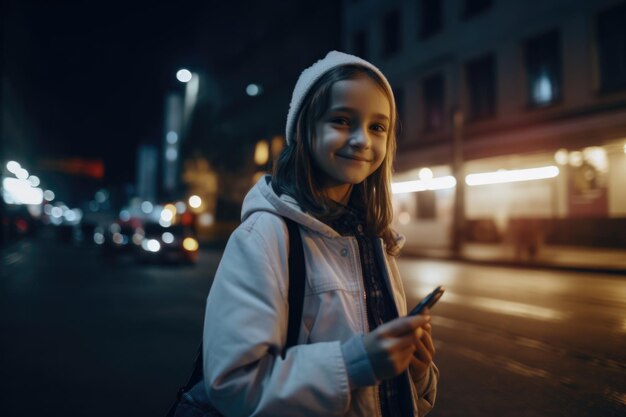 Foto de grande angular de uma jovem caucasiana de 10 anos com roupas da moda usando telefone celular com fundo de rua urbana à noite Generative AI AIG18