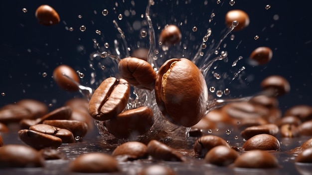 foto de grãos de café caindo do ar e salpico de café foto de grão de café com gotejamento de café