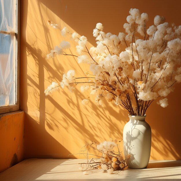 foto de Gypsophila seca com persiana na parede bege