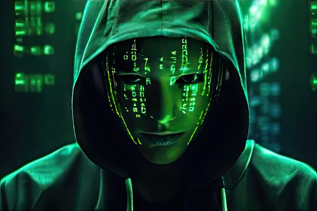 Foto de hacker com capuz em fundo de código verde