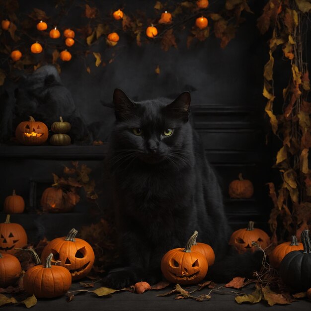 Foto de Halloween com um gato preto e abóboras