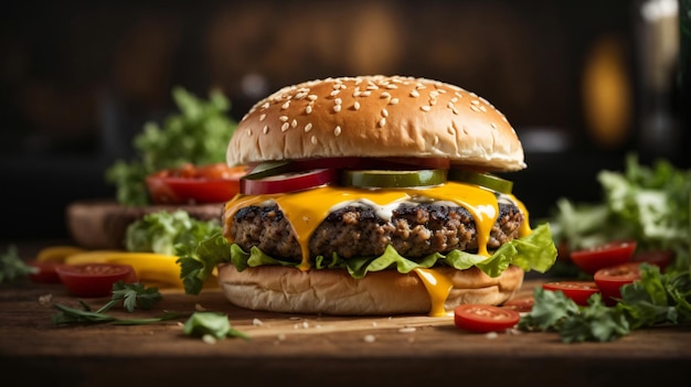 foto de hambúrguer com legumes e queijo derretido