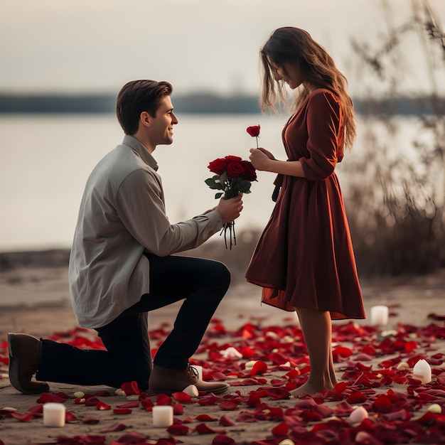 Foto de homem ajoelhado entregando rosas vermelhas a uma mulher feliz dia de São Valentim generativo ai