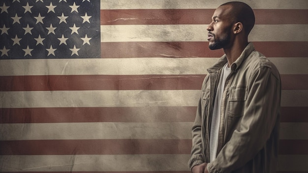 Foto de homem americano em pé na frente da bandeira americana