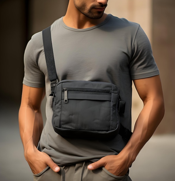 Foto de homem com bolsa preta cruzada e camisa cinza generativa ai
