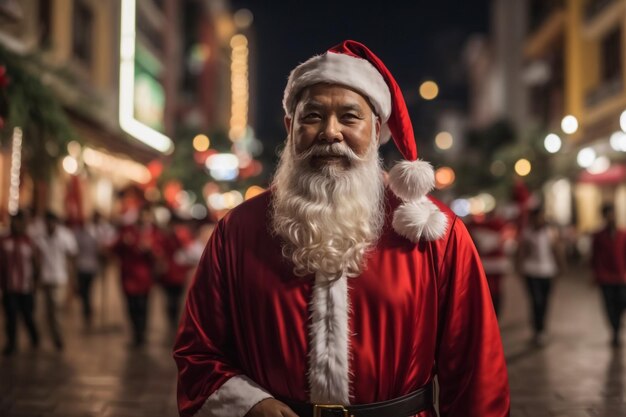 Foto de homem funky alegre blogueiro vestindo traje de Papai Noel demonstrar viagem viagem iluminada cidade