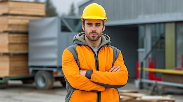 Foto de IA generativa de um jovem construtor encantador em um capacete em pé com os braços cruzados na frente de um canteiro de obras