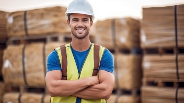 Foto de IA generativa de um jovem construtor encantador em um capacete em pé com os braços cruzados na frente de um canteiro de obras