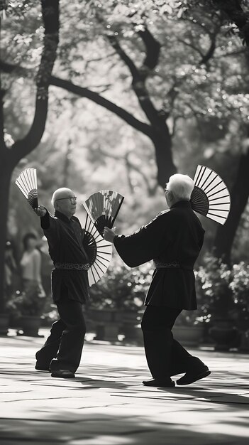 Foto de idosos praticando Tai Chi em um parque na China Atividades comunitárias de vizinhos tranquilos