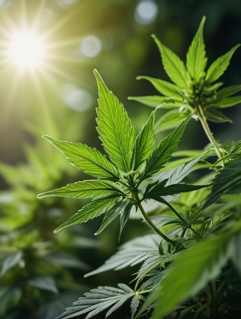 Foto de imagem de folhas verdes de cannabis crescendo na natureza contra um fundo desfocado