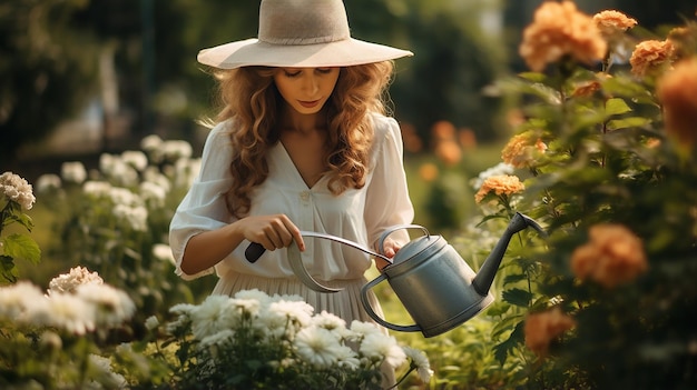 foto de jardinagem no verão mulher regando flores com um regador garota usando chapéu