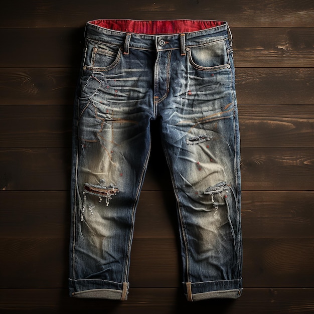 foto de jeans com fundo de madeira