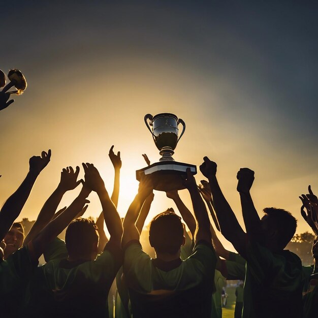 Foto de jogadores de futebol celebrando a vitória com fundo em silhueta de troféu