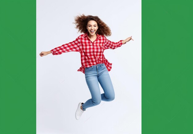 Foto de jovem alegre em camisa pulando e comemorando sobre fundo verde