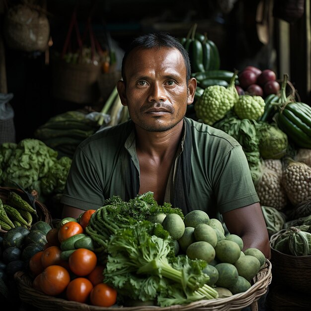Foto de jovem indiano com cestas de produtos frescos em uma banca de mercado criada com IA generativa