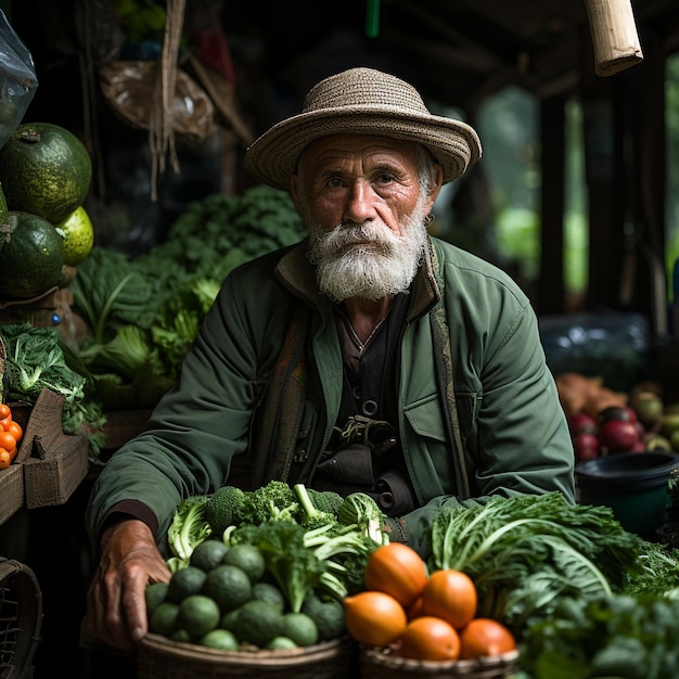 Foto de jovem indiano com cestas de produtos frescos em uma banca de mercado criada com IA generativa