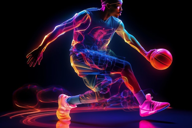 foto de jovem jogador de basquete em luz de néon