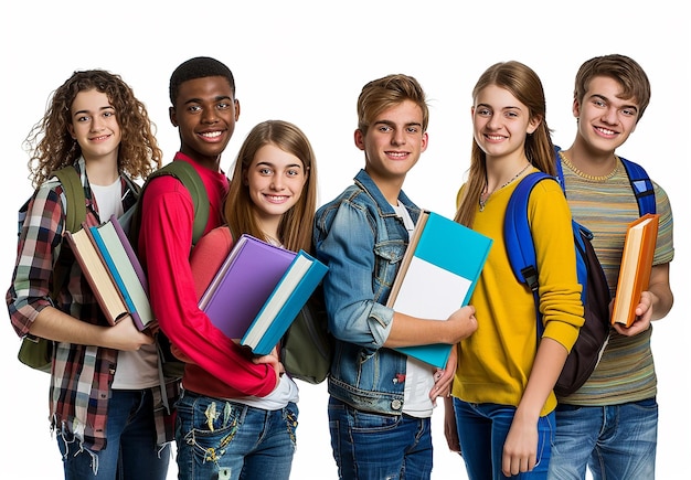 Foto foto de jovens adolescentes felizes em faculdade de pé em fundo branco