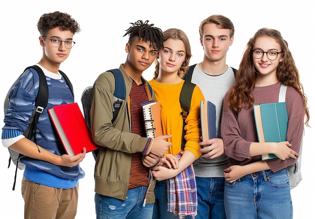 Foto foto de jovens adolescentes felizes em faculdade de pé em fundo branco