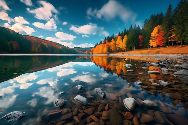 Foto foto de lagoa calma cercada por folhagem de outono paisagem pacífica