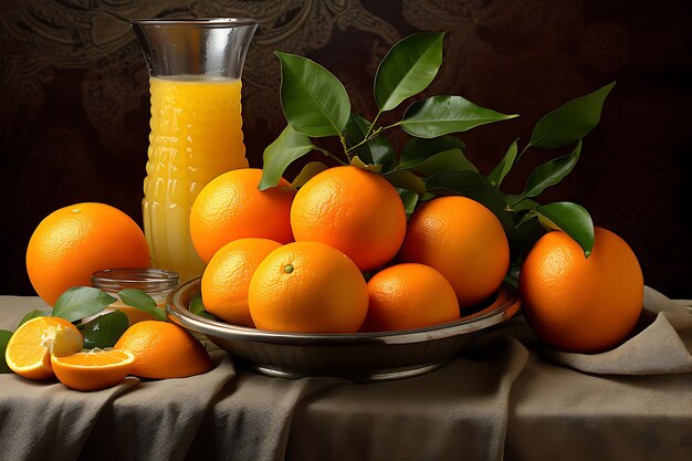 Foto de laranjas e suco de laranja em uma mesa de pequeno-almoço