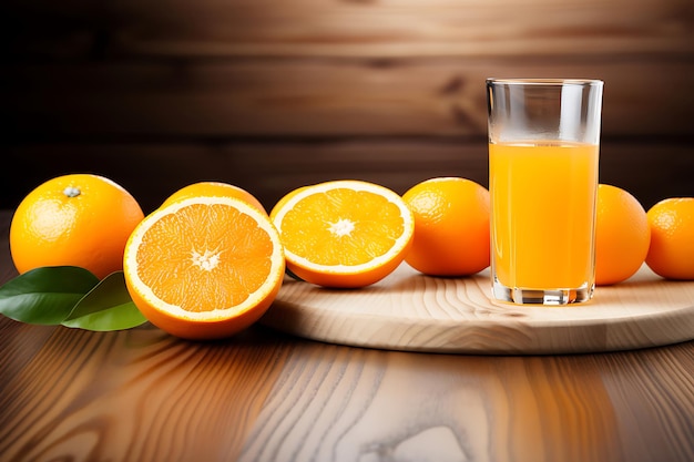 Foto de laranjas e suco em uma tábua de corte de madeira