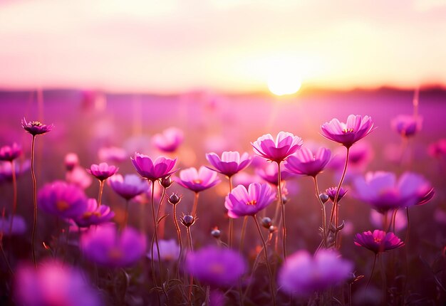 Foto de lindas flores matinais florescendo em terras com brilho do sol da manhã