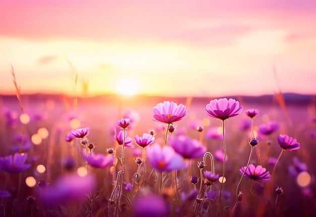 Foto de lindas flores matinais florescendo em terras com brilho do sol da manhã