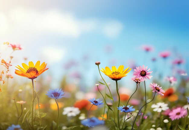 Foto de lindas flores matinais florescendo em terras com brilho do sol da manhã