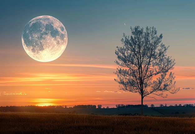 Foto de lua cheia brilhando no céu uma árvore no fundo paisagem noturna papel de parede para pc