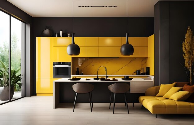 Foto de luxo moderno, cores ricas e amarelas, cozinha e design de interiores minimalista em 3D