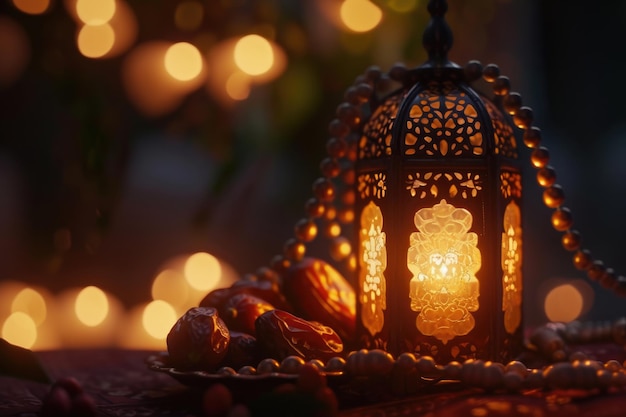 Foto de luz baixa de Lantern Dates frutas e contas de rosário para Ramadan e Eid saudação