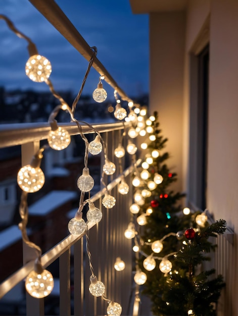 Foto foto de luzes de fadas cintilantes de natal em uma varanda