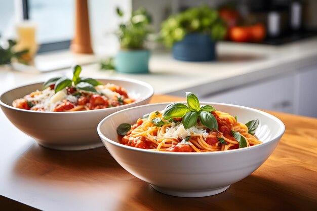 Foto de macarrão em tigela branca com molho de tomate na mesa da cozinha