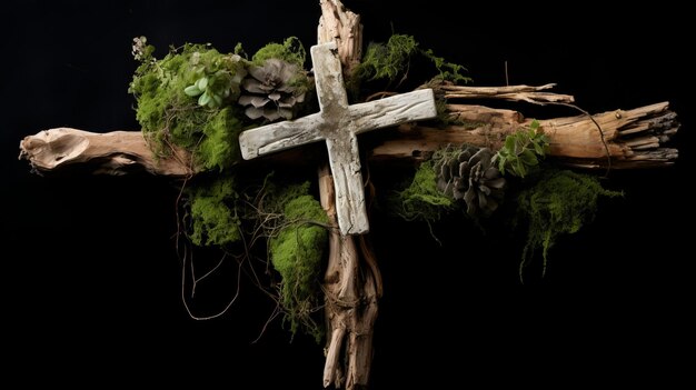 Foto de madeira orgânica à deriva, cruz sagrada e folhas de palmeira cobertas de musgo.